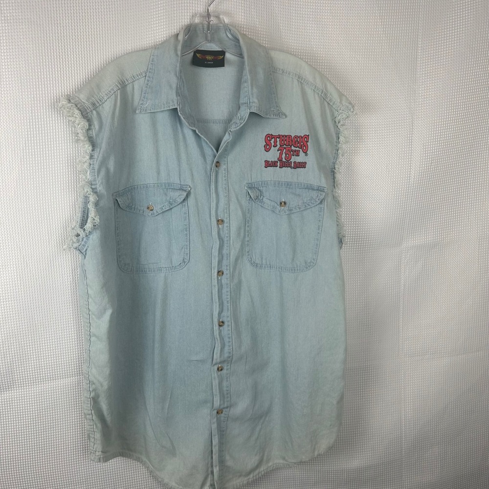 Biker Wear USA Sturgis 75th Black Hills Rally Sleeveless Denim Shirt Mens XL